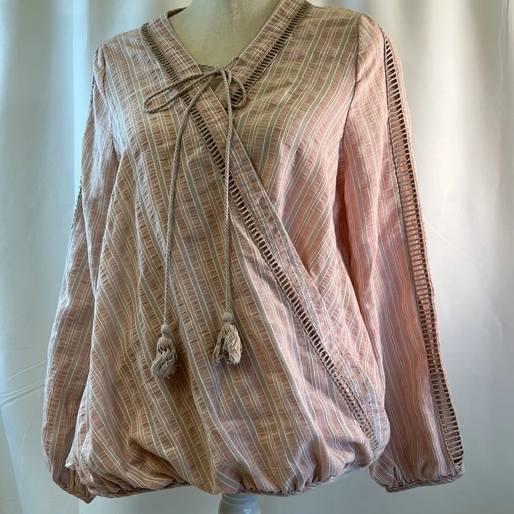 Promesa Deep VNeck Striped Peasant Boho Blouse Size Large - Picture 3 of 11